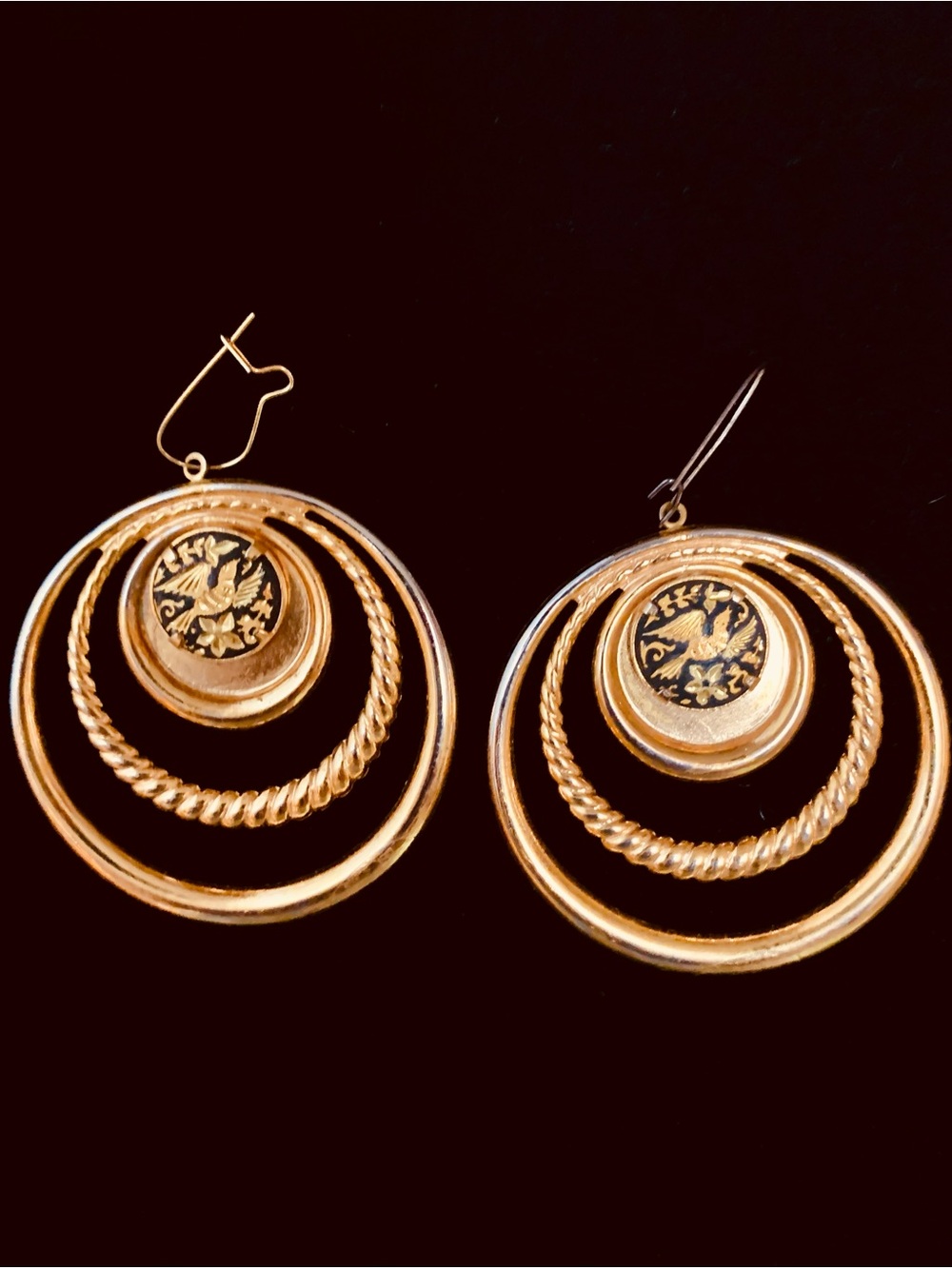 Spanish Damascene Hoop Drop Earrings, Vintage